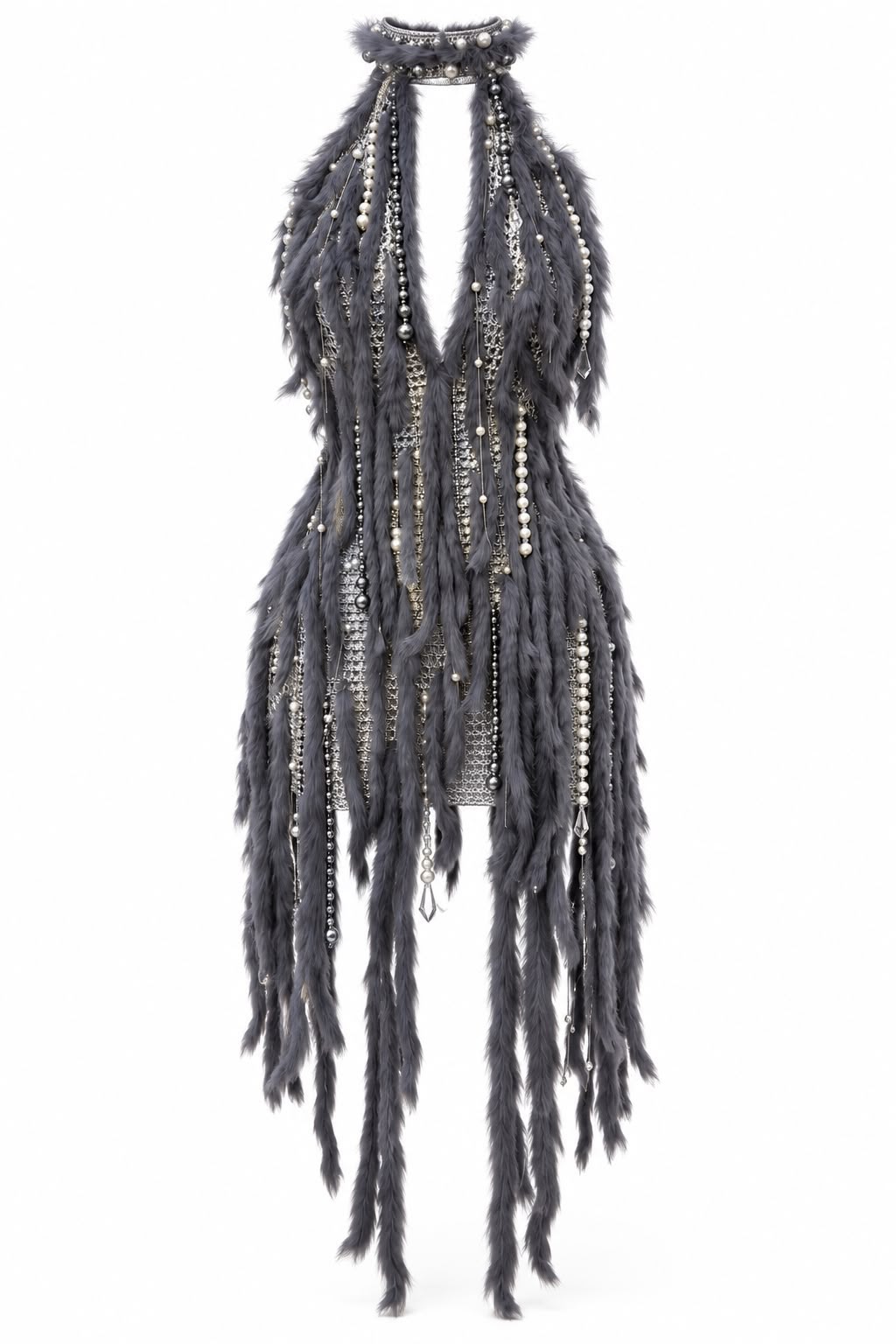 Grey Feather Fringe Halter Mini Dress - K26-OOO-001-01-01 - 1